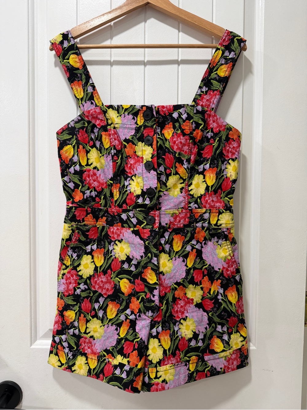 Noritake Black Floral Button-Front Sleeveless Romper with Bright Blooms